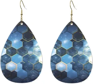 Stylish Drop-Shaped Acrylic Earrings Lightweight Printed Teardrop Dangle Earrings for Women (Blue Hexagons and Diamonds)