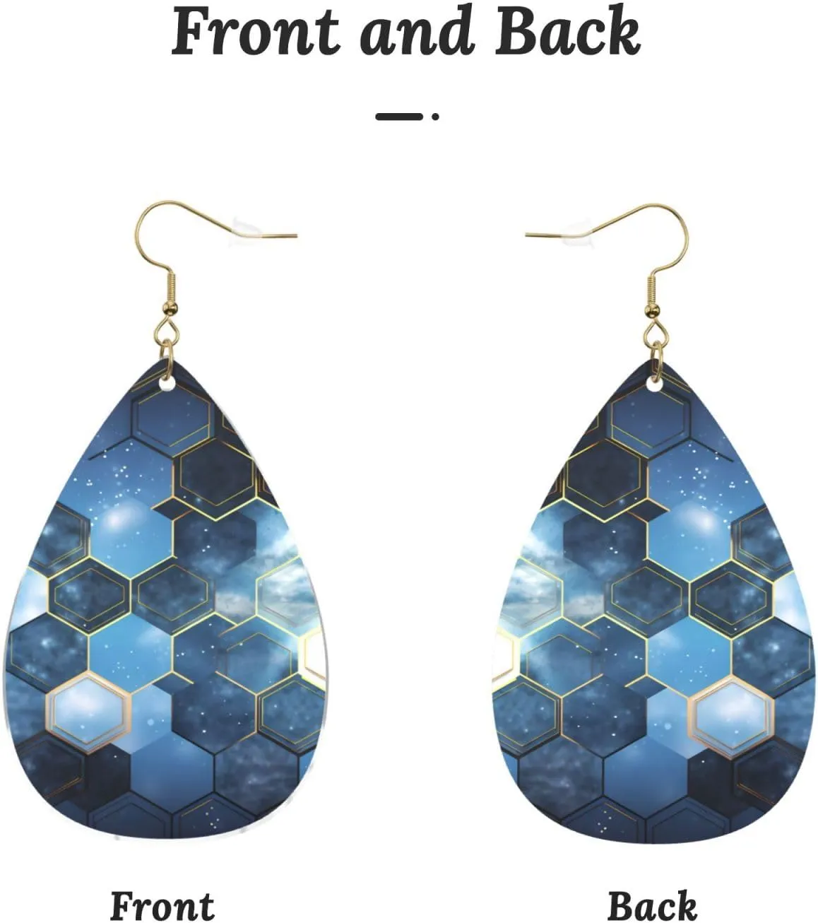 Stylish Drop-Shaped Acrylic Earrings Lightweight Printed Teardrop Dangle Earrings for Women (Blue Hexagons and Diamonds)