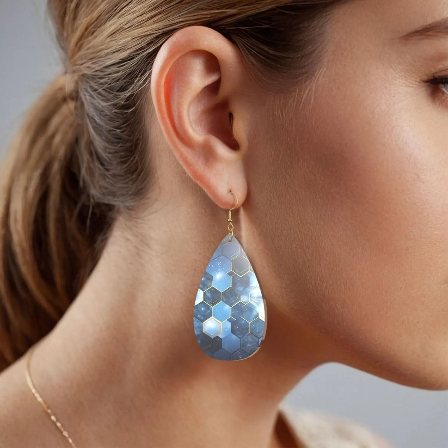 Stylish Drop-Shaped Acrylic Earrings Lightweight Printed Teardrop Dangle Earrings for Women (Blue Hexagons and Diamonds)