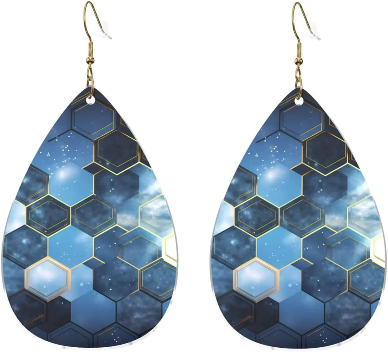 Stylish Drop-Shaped Acrylic Earrings Lightweight Printed Teardrop Dangle Earrings for Women (Blue Hexagons and Diamonds)