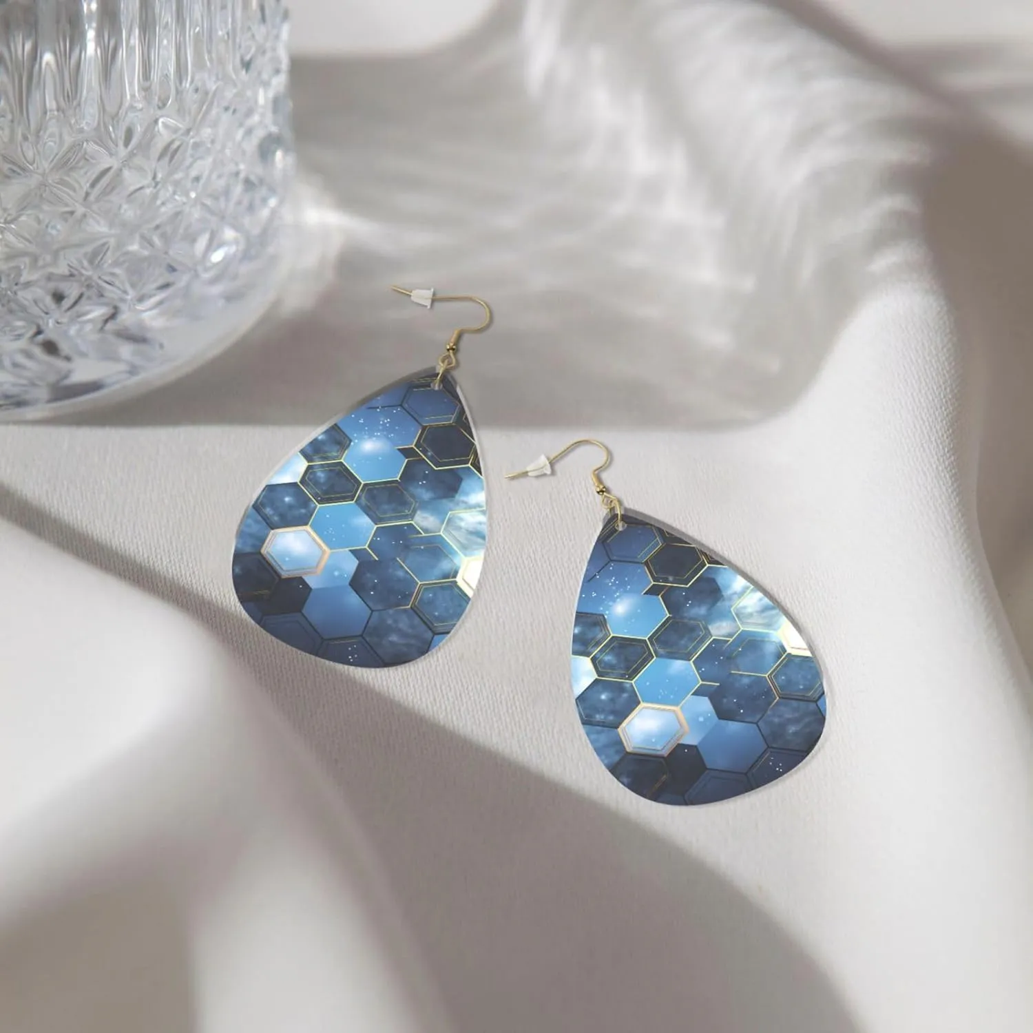 Stylish Drop-Shaped Acrylic Earrings Lightweight Printed Teardrop Dangle Earrings for Women (Blue Hexagons and Diamonds)