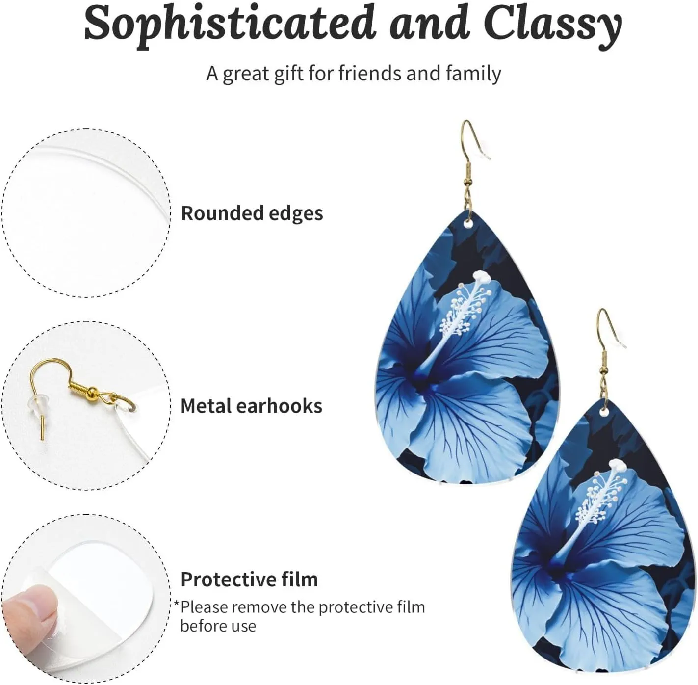 Stylish Drop-Shaped Acrylic Earrings Lightweight Printed Teardrop Dangle Earrings for Women (Blue Hibiscus)