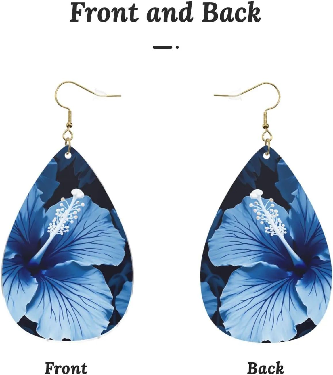 Stylish Drop-Shaped Acrylic Earrings Lightweight Printed Teardrop Dangle Earrings for Women (Blue Hibiscus)