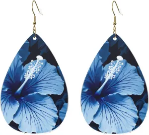 Stylish Drop-Shaped Acrylic Earrings Lightweight Printed Teardrop Dangle Earrings for Women (Blue Hibiscus)