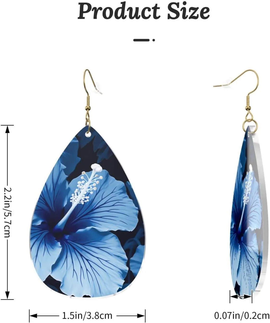 Stylish Drop-Shaped Acrylic Earrings Lightweight Printed Teardrop Dangle Earrings for Women (Blue Hibiscus)
