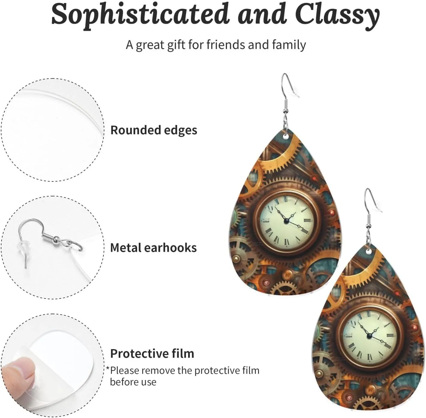 Stylish Drop-Shaped Acrylic Earrings Lightweight Printed Teardrop Dangle Earrings for Women (Clocks and Gears)
