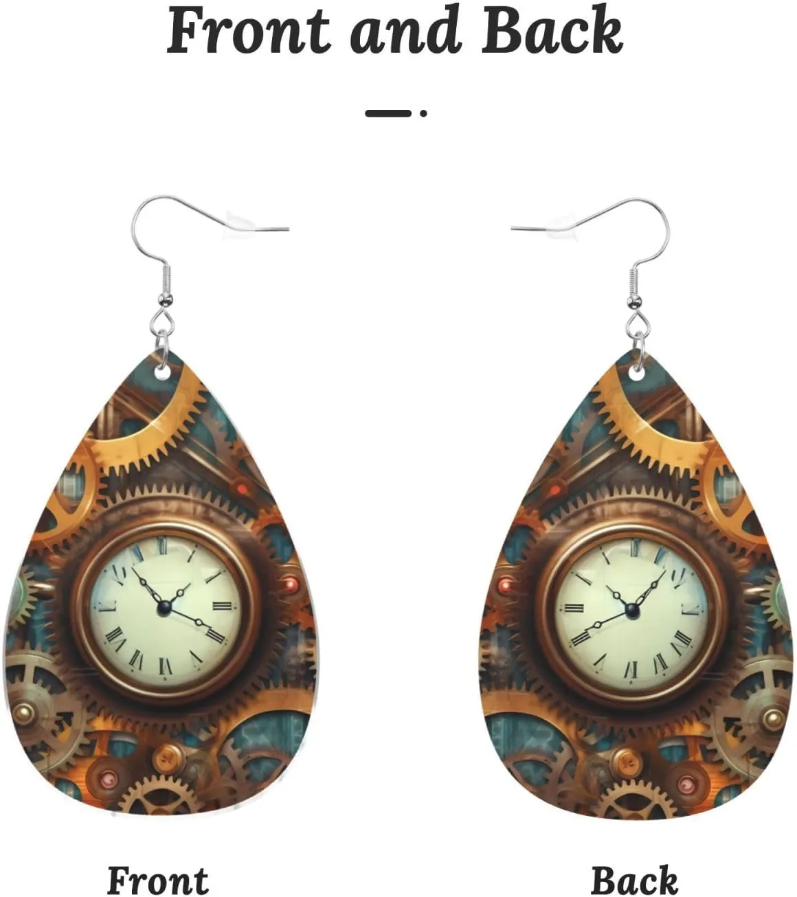 Stylish Drop-Shaped Acrylic Earrings Lightweight Printed Teardrop Dangle Earrings for Women (Clocks and Gears)
