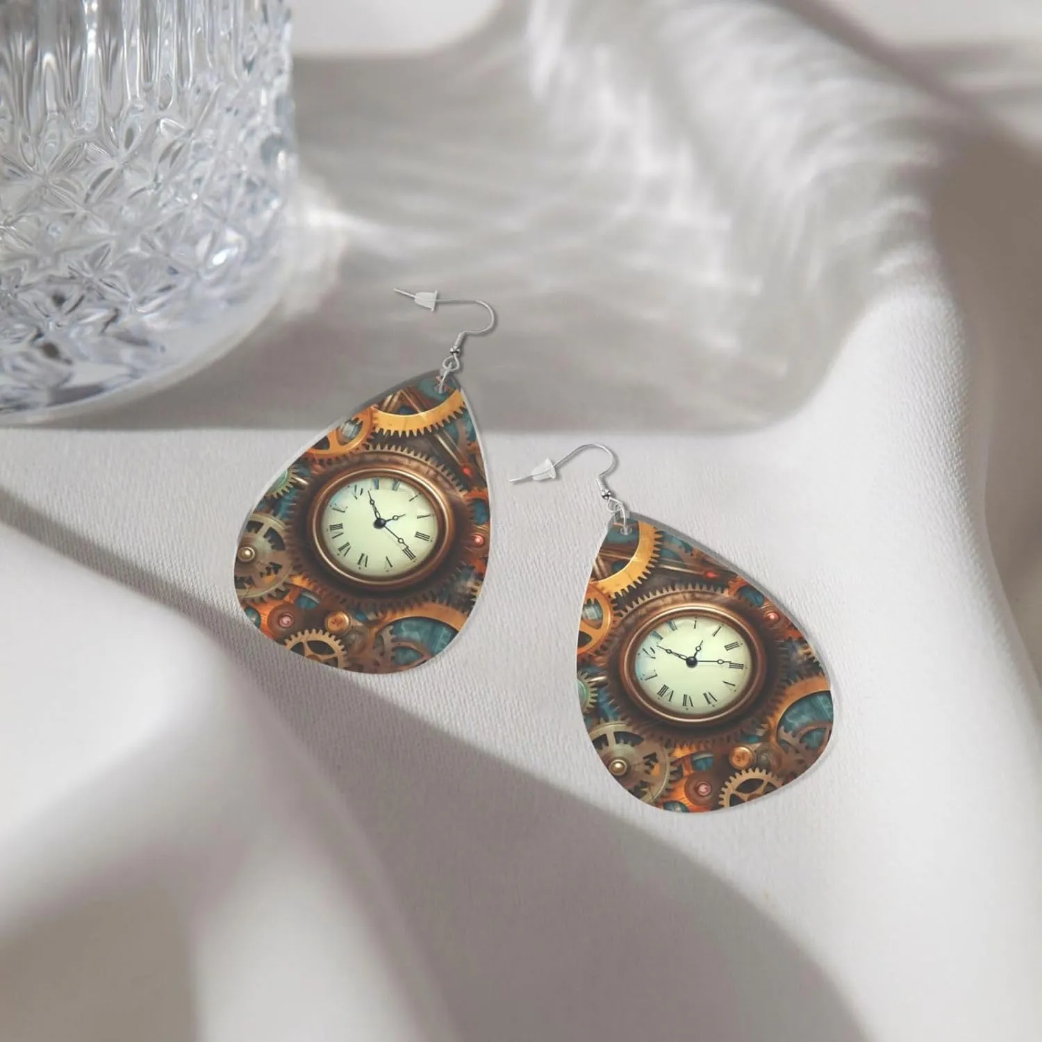 Stylish Drop-Shaped Acrylic Earrings Lightweight Printed Teardrop Dangle Earrings for Women (Clocks and Gears)