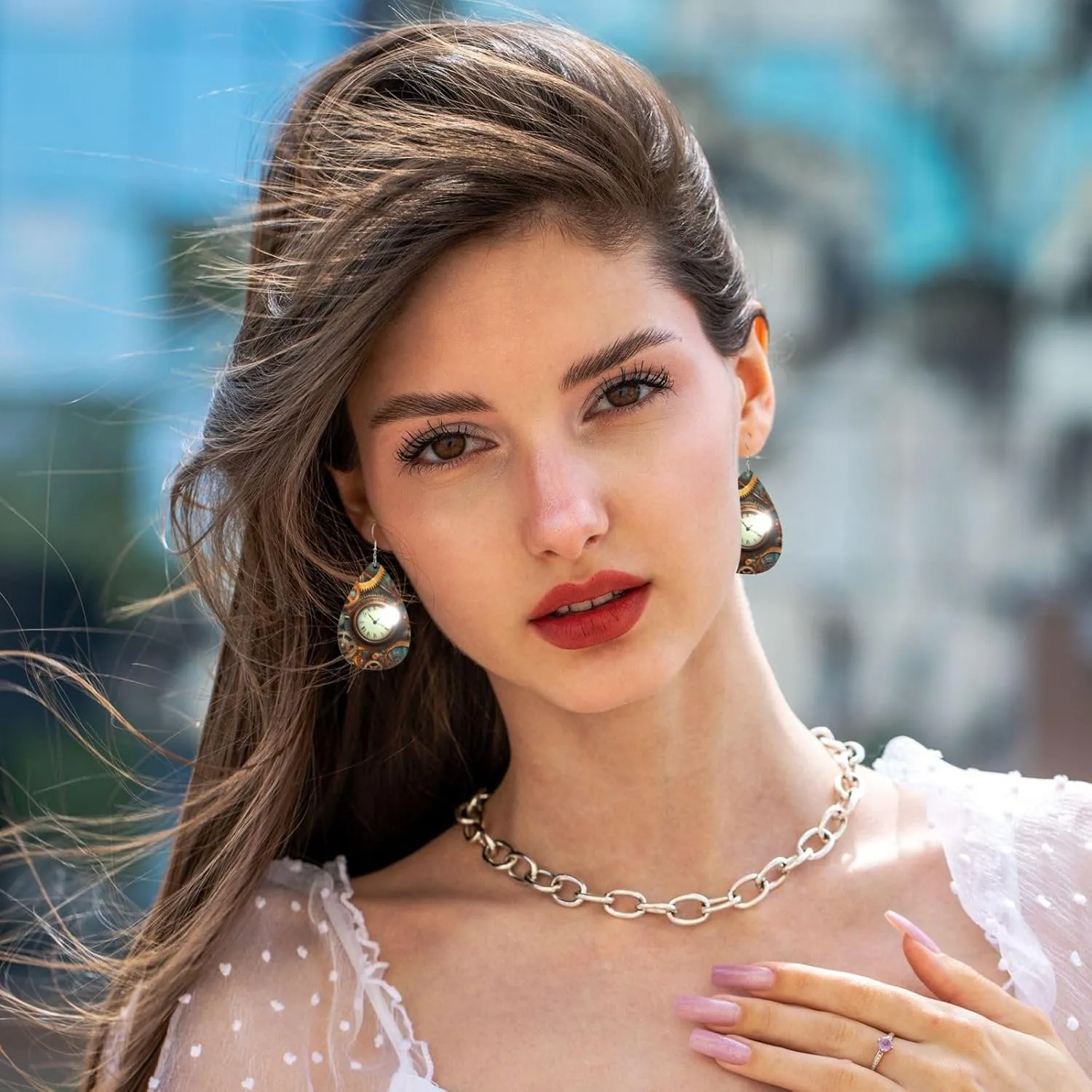 Stylish Drop-Shaped Acrylic Earrings Lightweight Printed Teardrop Dangle Earrings for Women (Clocks and Gears)