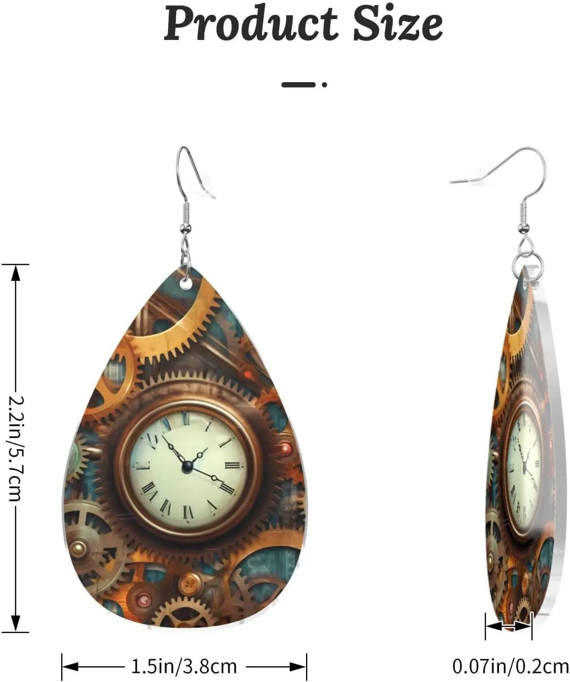 Stylish Drop-Shaped Acrylic Earrings Lightweight Printed Teardrop Dangle Earrings for Women (Clocks and Gears)