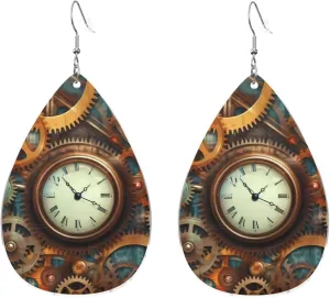 Stylish Drop-Shaped Acrylic Earrings Lightweight Printed Teardrop Dangle Earrings for Women (Clocks and Gears)