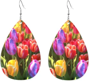 Stylish Drop-Shaped Acrylic Earrings Lightweight Printed Teardrop Dangle Earrings for Women (Colorful Flowers)