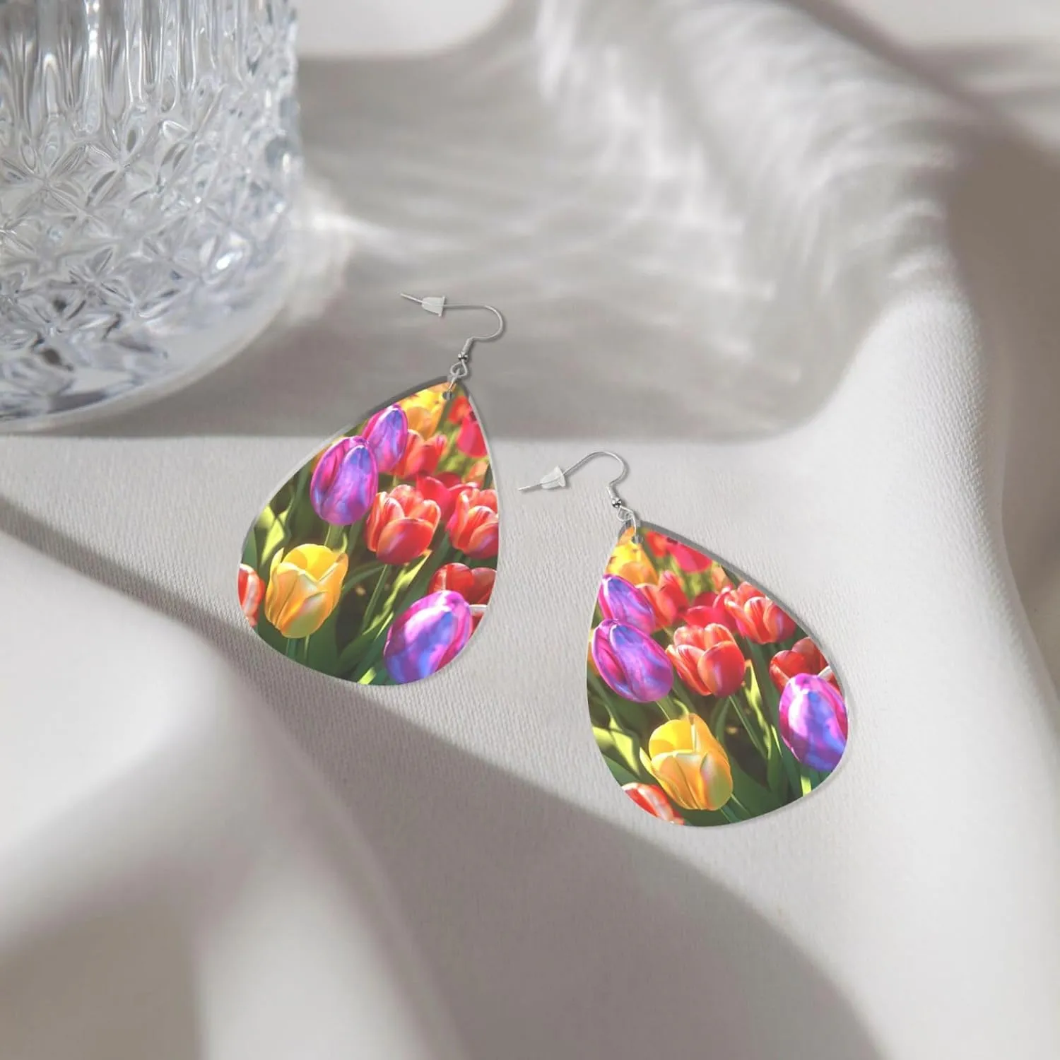 Stylish Drop-Shaped Acrylic Earrings Lightweight Printed Teardrop Dangle Earrings for Women (Colorful Flowers)