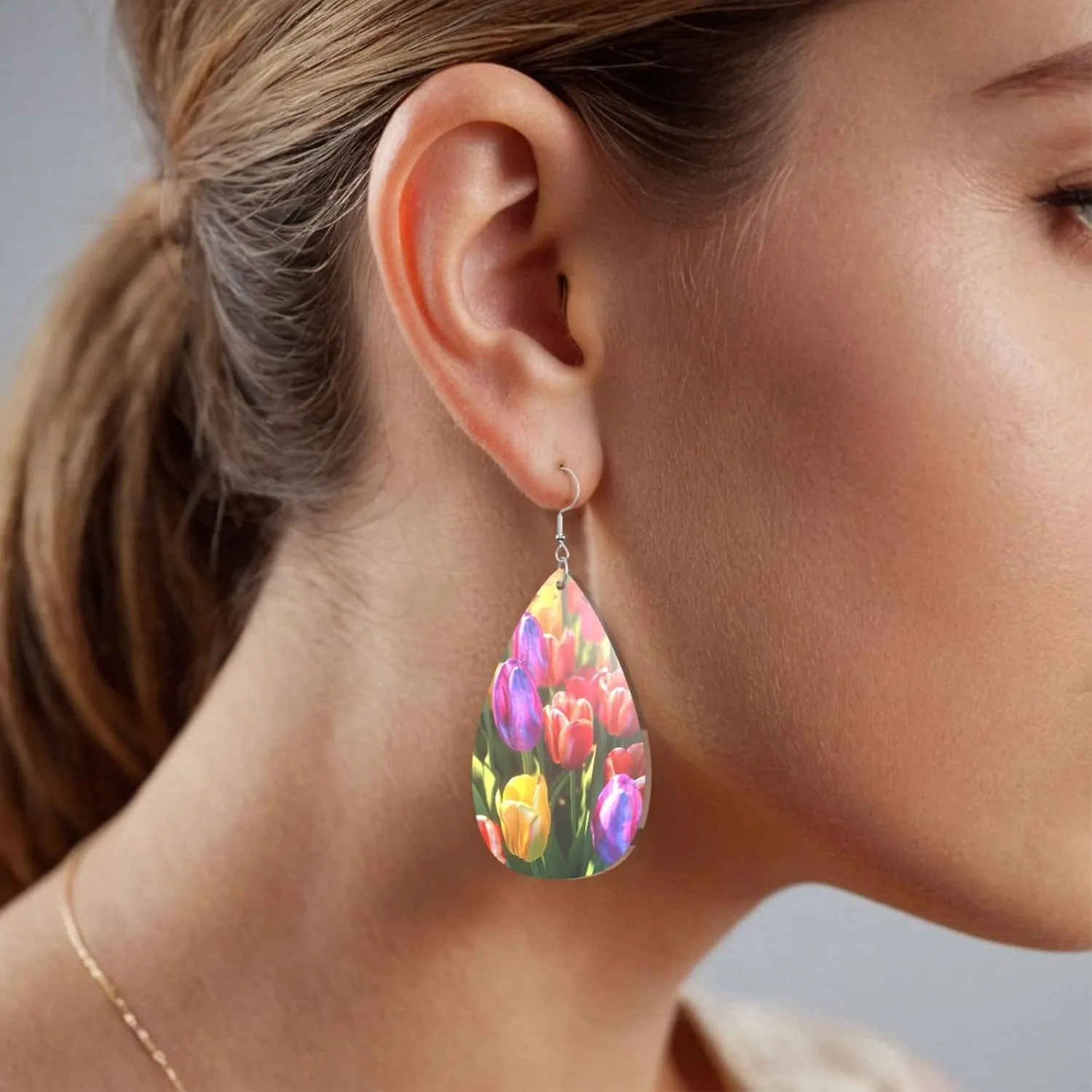 Stylish Drop-Shaped Acrylic Earrings Lightweight Printed Teardrop Dangle Earrings for Women (Colorful Flowers)