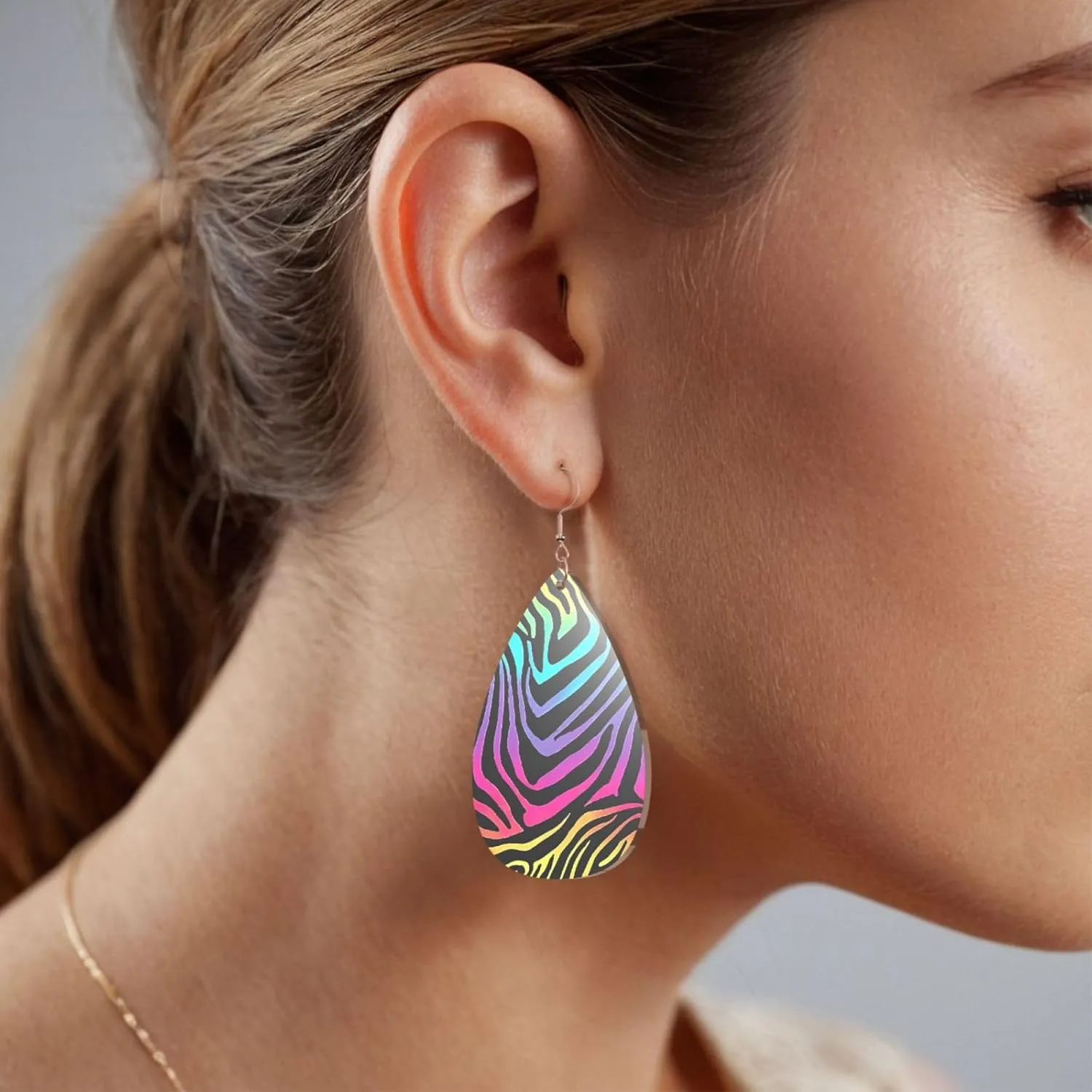 Stylish Drop-Shaped Acrylic Earrings Lightweight Printed Teardrop Dangle Earrings for Women (Colorful Rainbow Zebra)