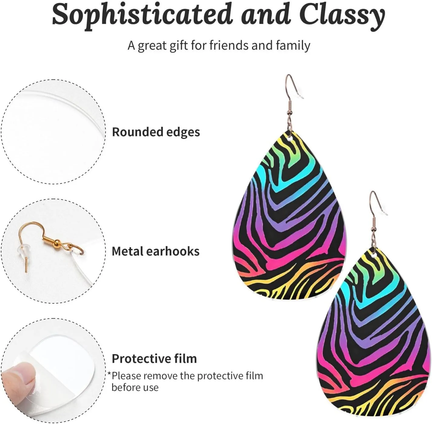 Stylish Drop-Shaped Acrylic Earrings Lightweight Printed Teardrop Dangle Earrings for Women (Colorful Rainbow Zebra)