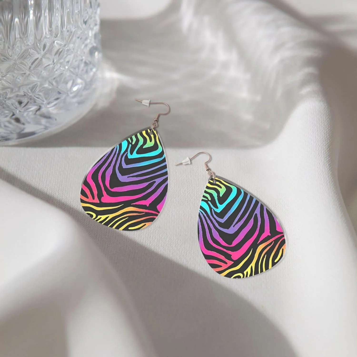 Stylish Drop-Shaped Acrylic Earrings Lightweight Printed Teardrop Dangle Earrings for Women (Colorful Rainbow Zebra)