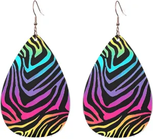 Stylish Drop-Shaped Acrylic Earrings Lightweight Printed Teardrop Dangle Earrings for Women (Colorful Rainbow Zebra)