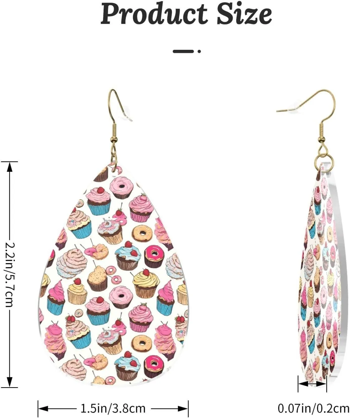 Stylish Drop-Shaped Acrylic Earrings Lightweight Printed Teardrop Dangle Earrings for Women (Cupcake Pattern)