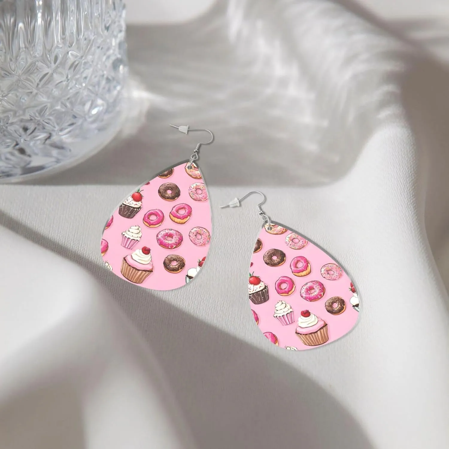 Stylish Drop-Shaped Acrylic Earrings Lightweight Printed Teardrop Dangle Earrings for Women (Cupcakes Donuts Muffins Sugar Print)