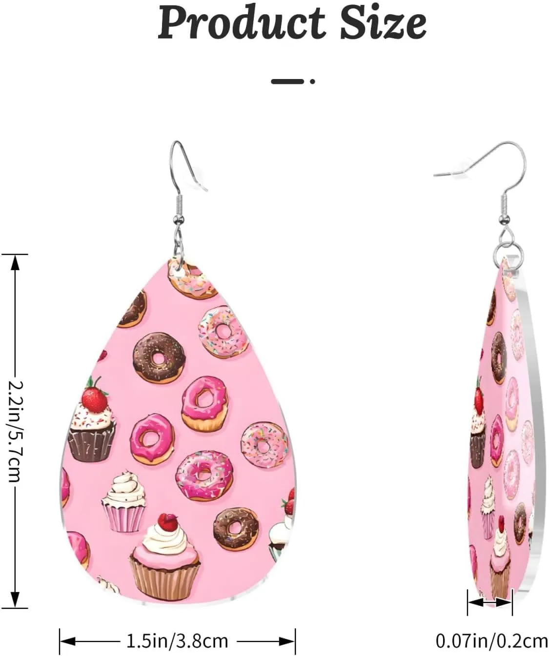 Stylish Drop-Shaped Acrylic Earrings Lightweight Printed Teardrop Dangle Earrings for Women (Cupcakes Donuts Muffins Sugar Print)