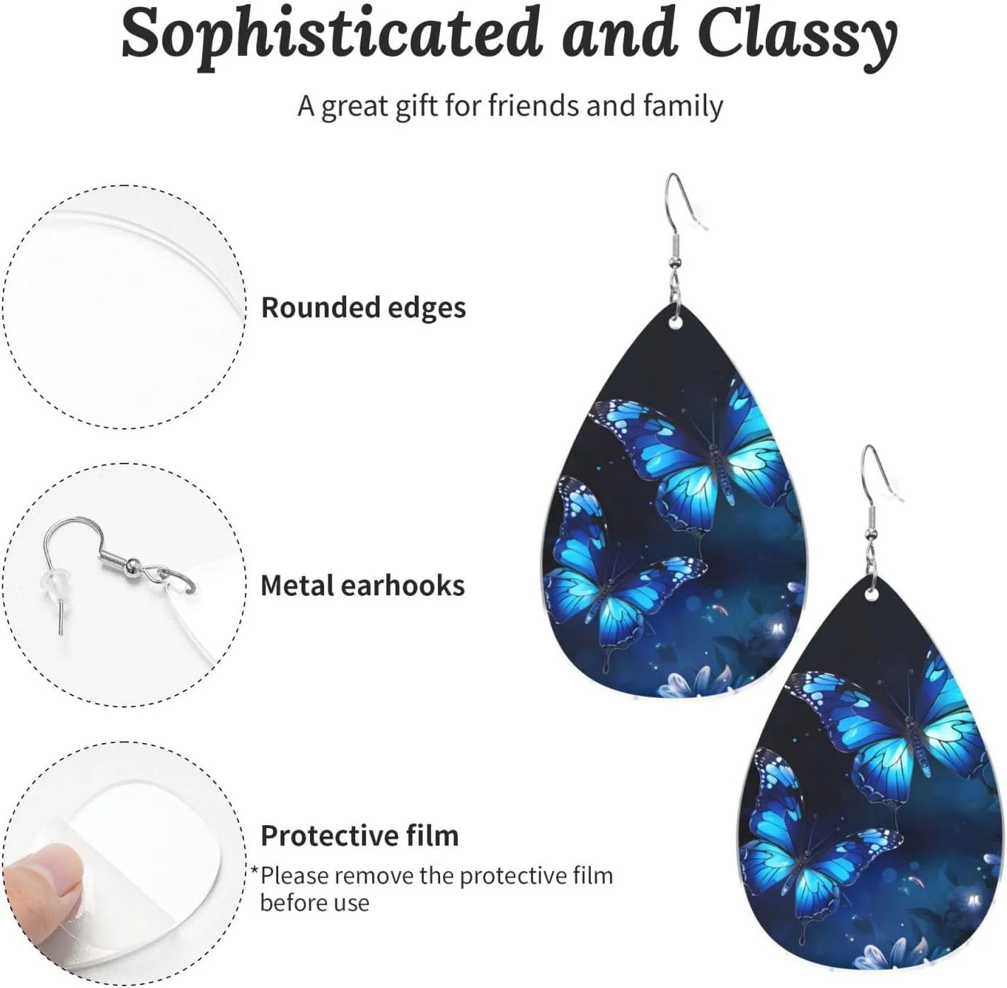 Stylish Drop-Shaped Acrylic Earrings Lightweight Printed Teardrop Dangle Earrings for Women (Dark Blue Butterflies Print)