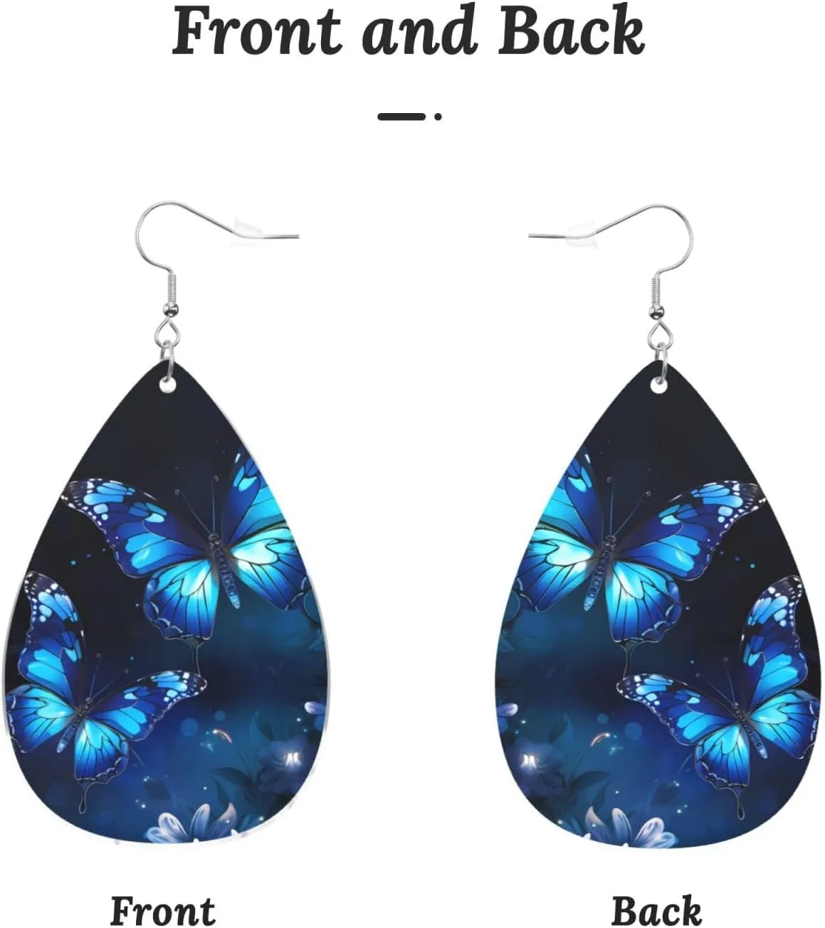 Stylish Drop-Shaped Acrylic Earrings Lightweight Printed Teardrop Dangle Earrings for Women (Dark Blue Butterflies Print)
