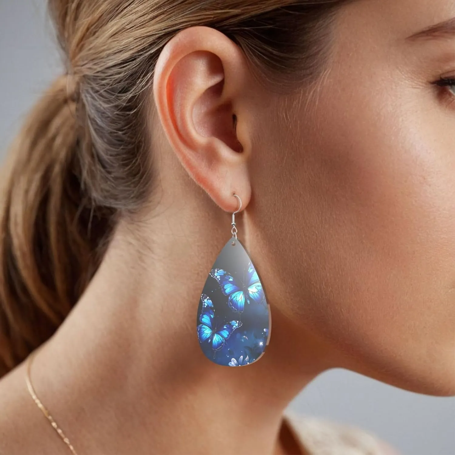 Stylish Drop-Shaped Acrylic Earrings Lightweight Printed Teardrop Dangle Earrings for Women (Dark Blue Butterflies Print)