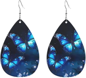 Stylish Drop-Shaped Acrylic Earrings Lightweight Printed Teardrop Dangle Earrings for Women (Dark Blue Butterflies Print)