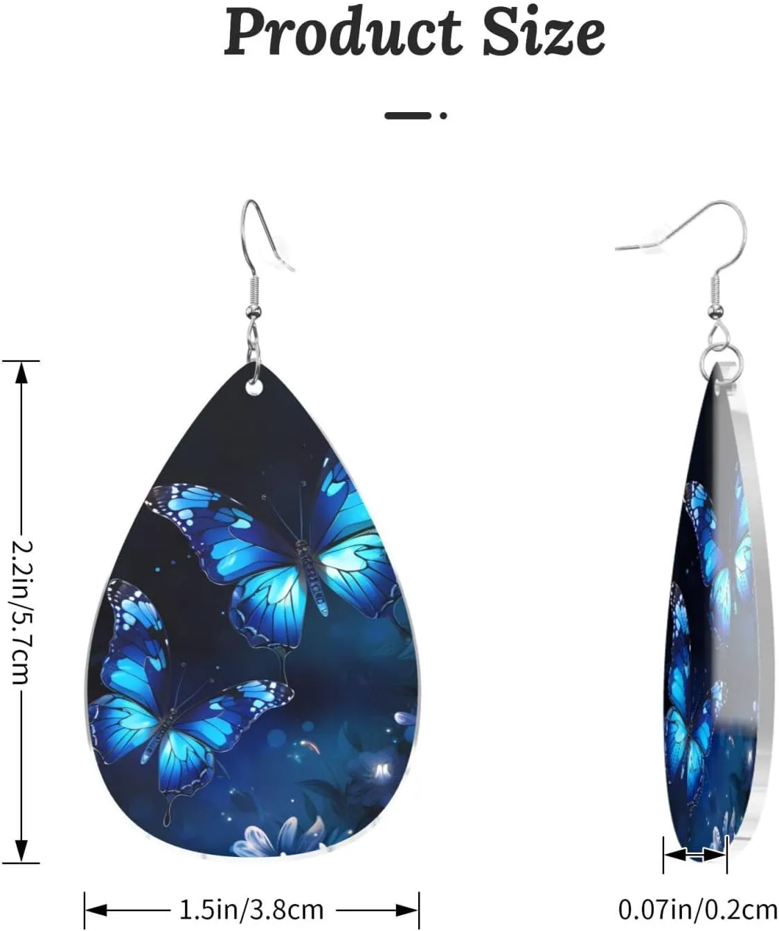 Stylish Drop-Shaped Acrylic Earrings Lightweight Printed Teardrop Dangle Earrings for Women (Dark Blue Butterflies Print)