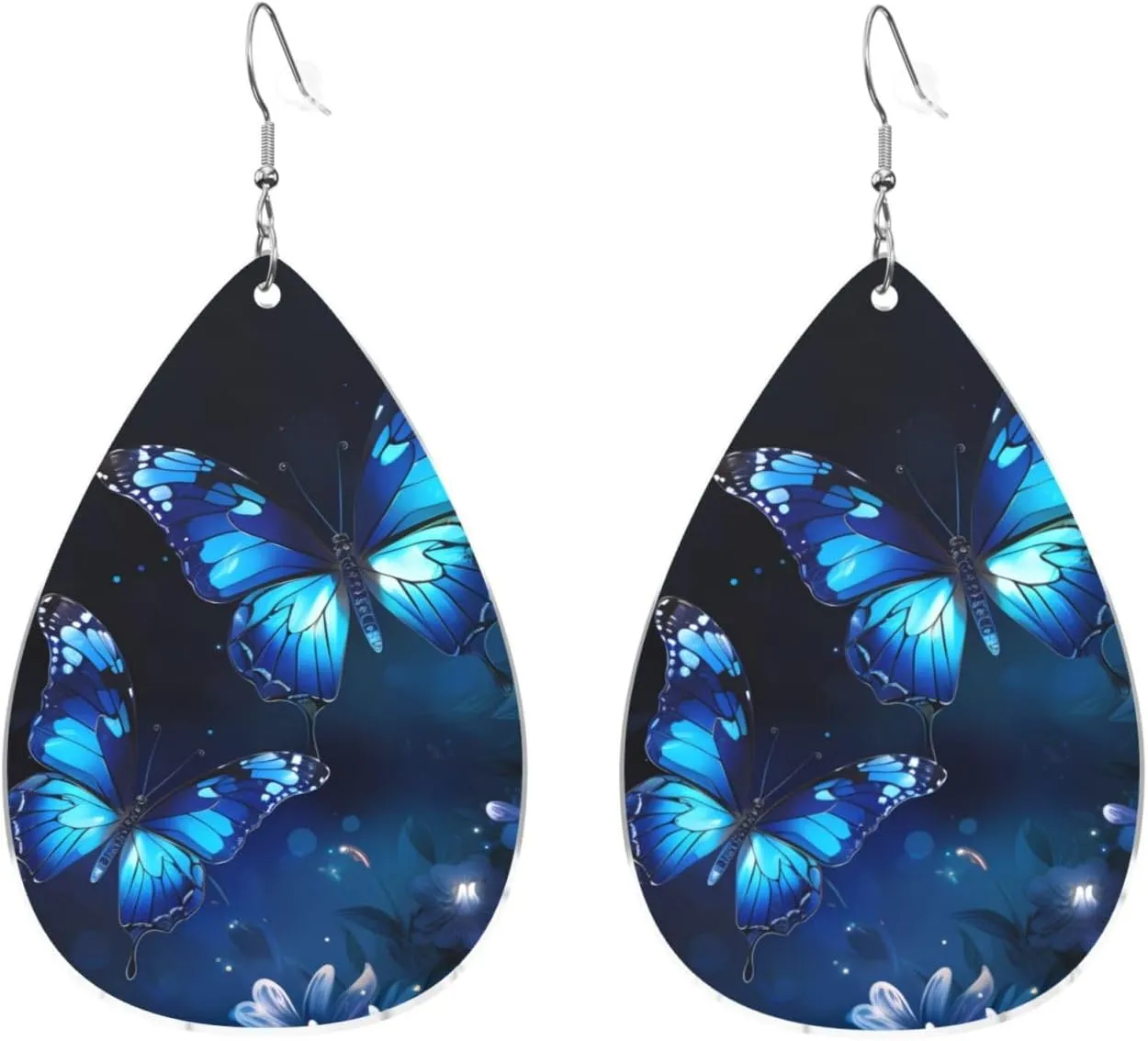 Stylish Drop-Shaped Acrylic Earrings Lightweight Printed Teardrop Dangle Earrings for Women (Dark Blue Butterflies Print)