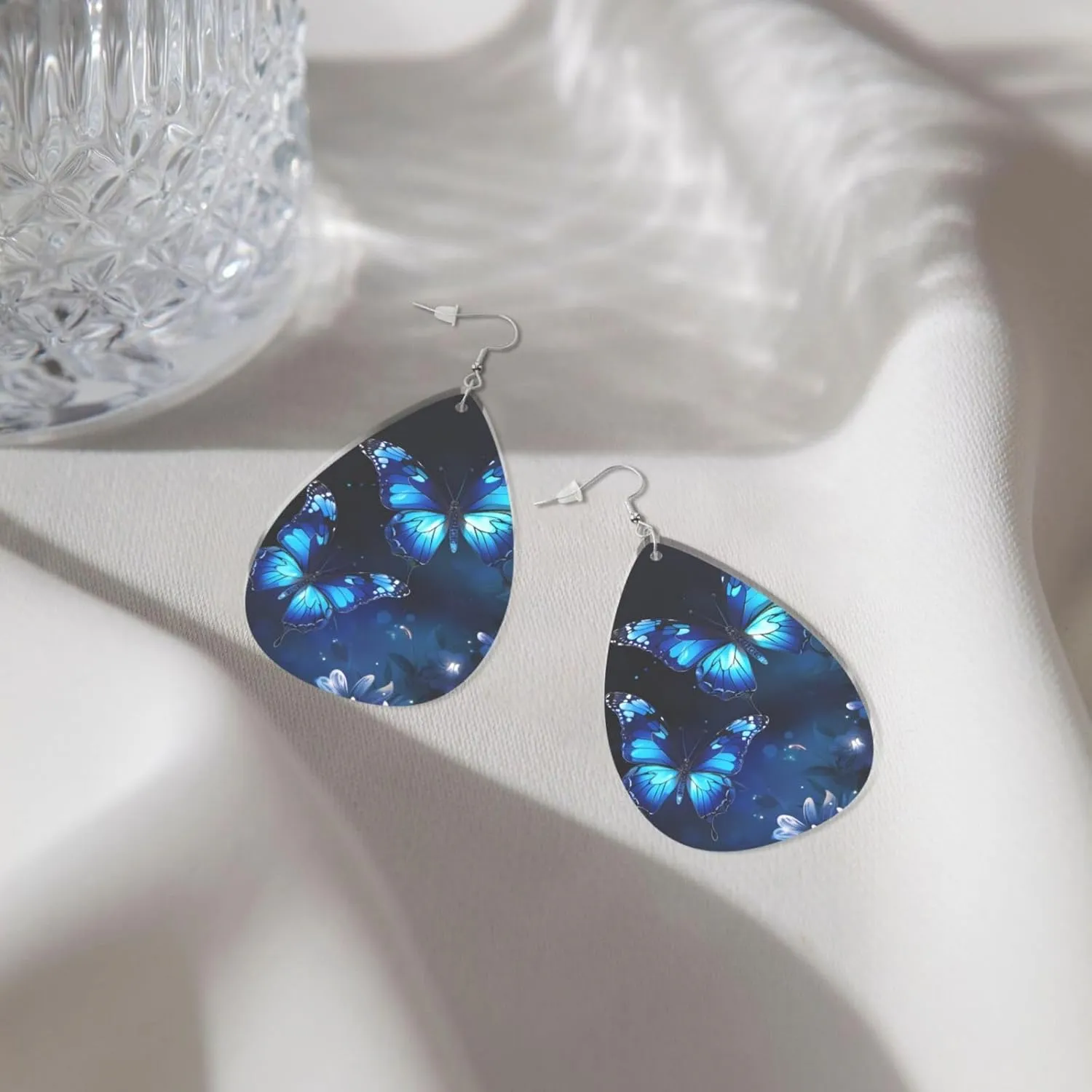 Stylish Drop-Shaped Acrylic Earrings Lightweight Printed Teardrop Dangle Earrings for Women (Dark Blue Butterflies Print)