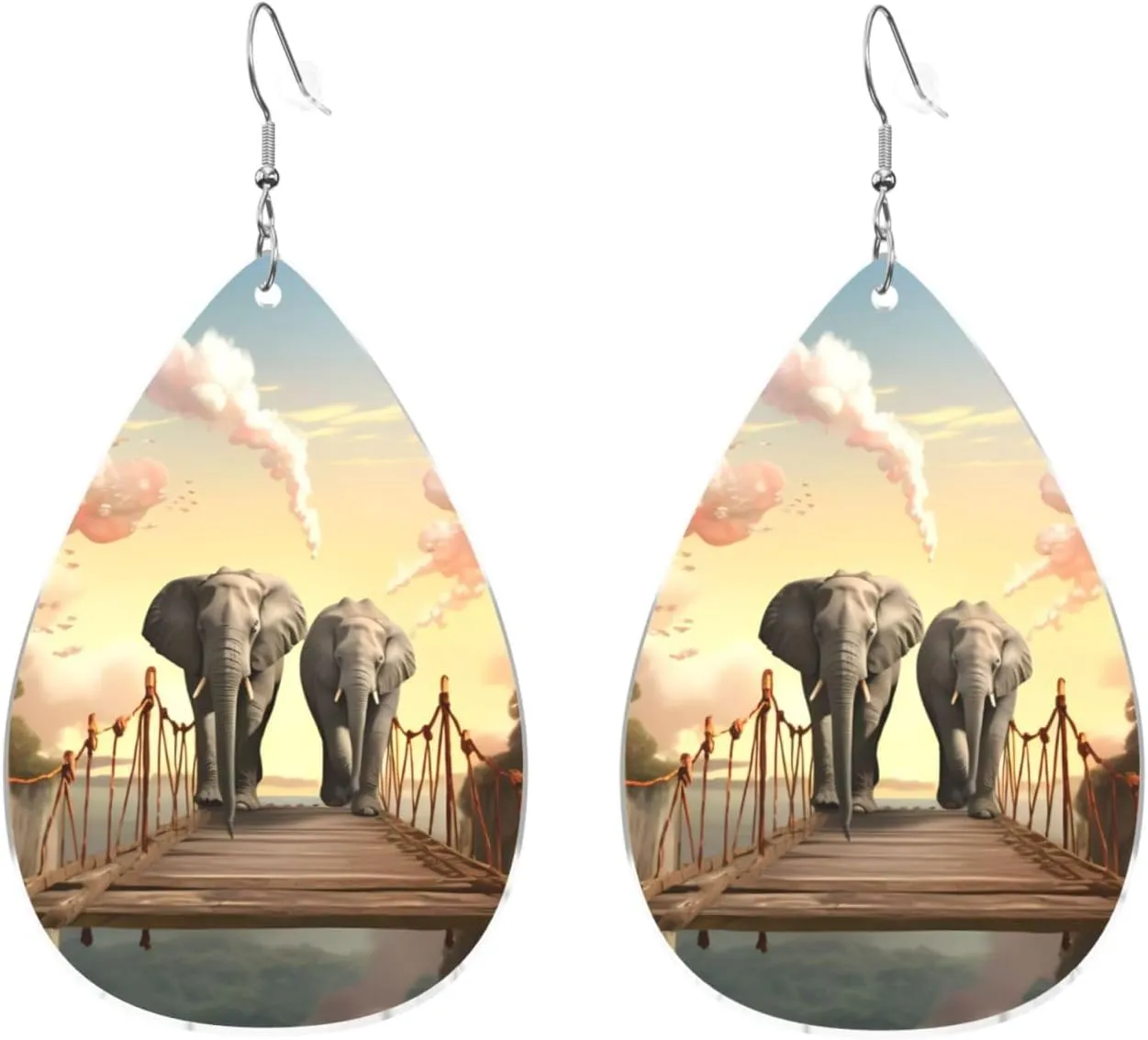 Stylish Drop-Shaped Acrylic Earrings Lightweight Printed Teardrop Dangle Earrings for Women (Elephant on a bridge)