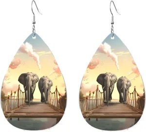 Stylish Drop-Shaped Acrylic Earrings Lightweight Printed Teardrop Dangle Earrings for Women (Elephant on a bridge)