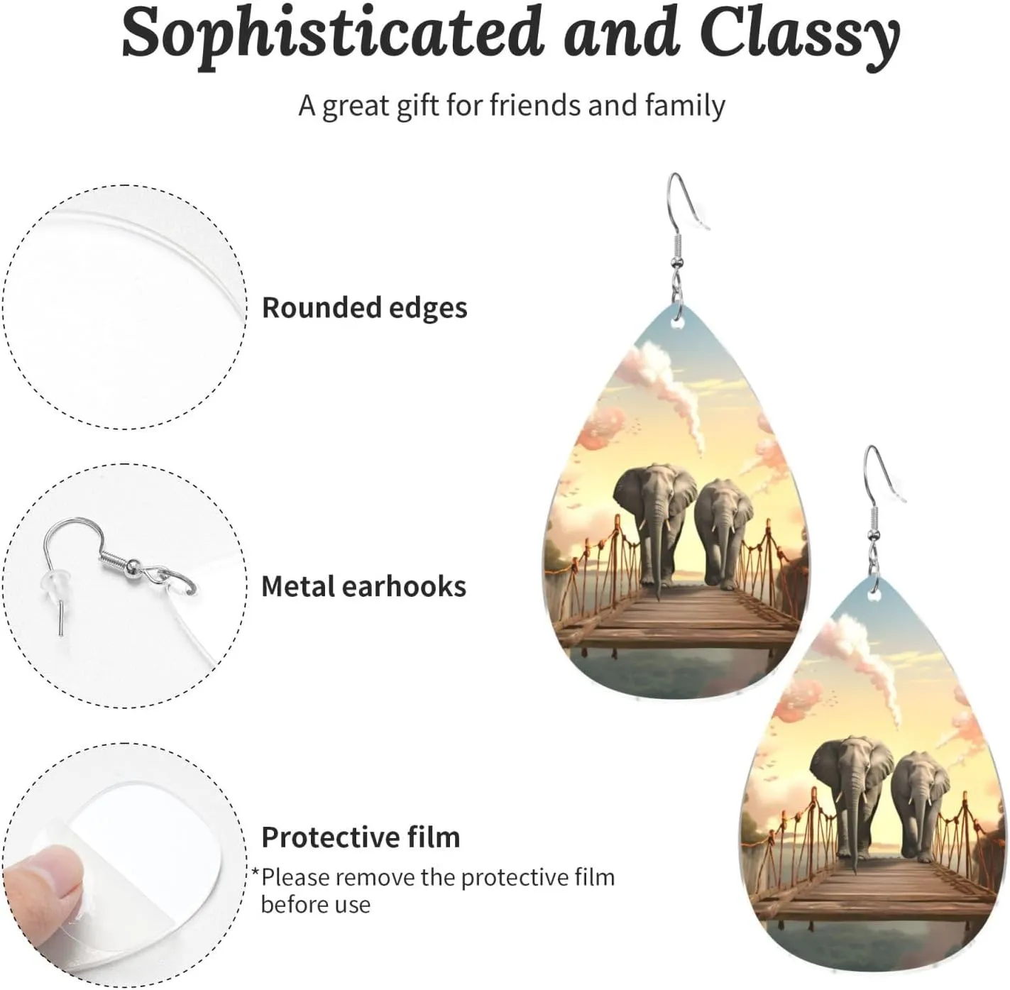 Stylish Drop-Shaped Acrylic Earrings Lightweight Printed Teardrop Dangle Earrings for Women (Elephant on a bridge)