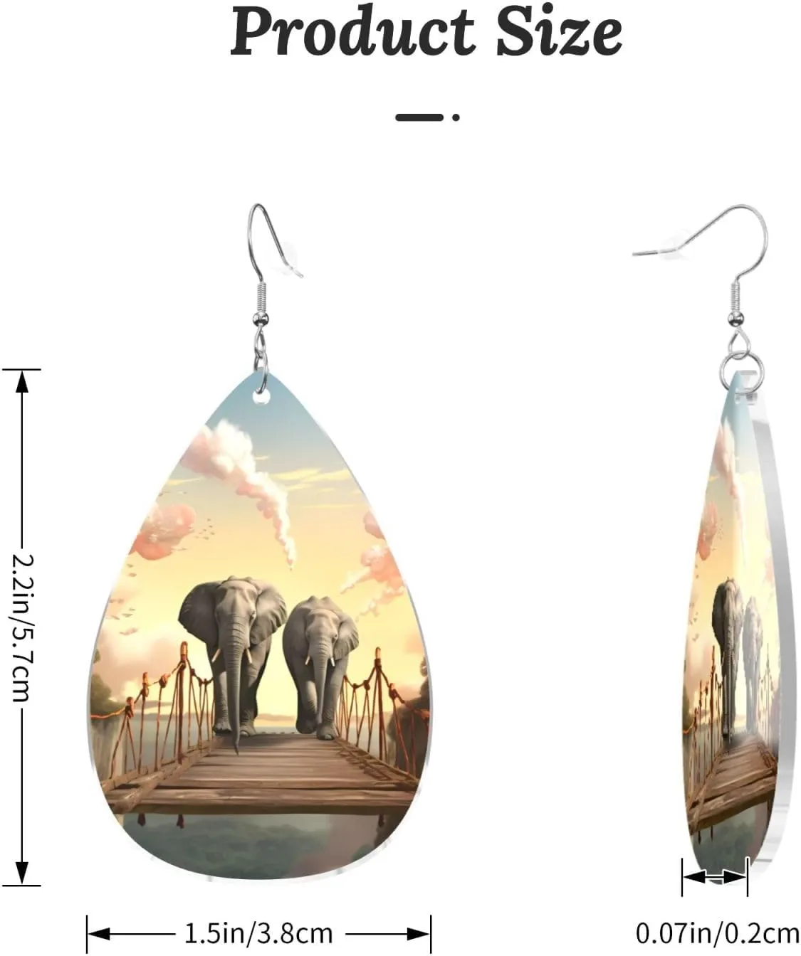 Stylish Drop-Shaped Acrylic Earrings Lightweight Printed Teardrop Dangle Earrings for Women (Elephant on a bridge)