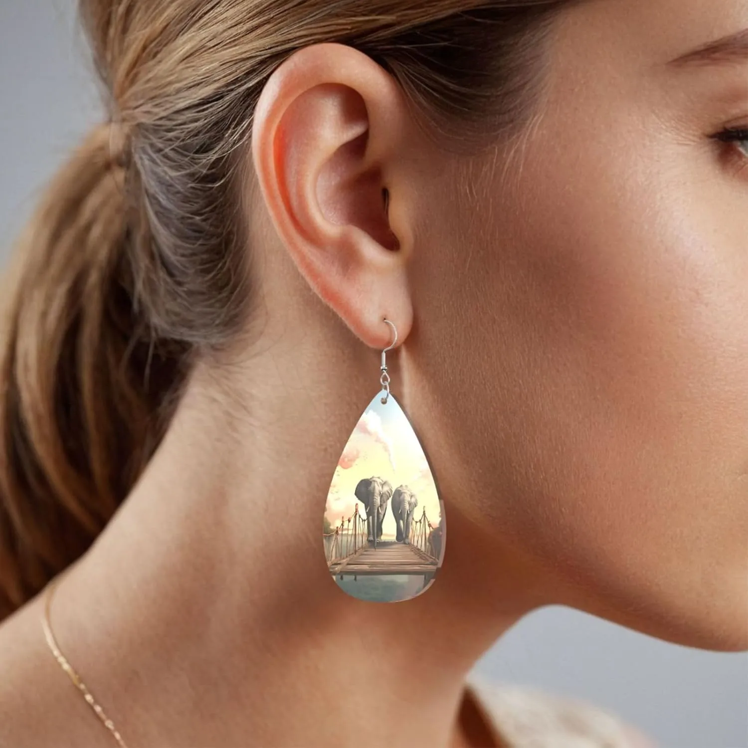 Stylish Drop-Shaped Acrylic Earrings Lightweight Printed Teardrop Dangle Earrings for Women (Elephant on a bridge)
