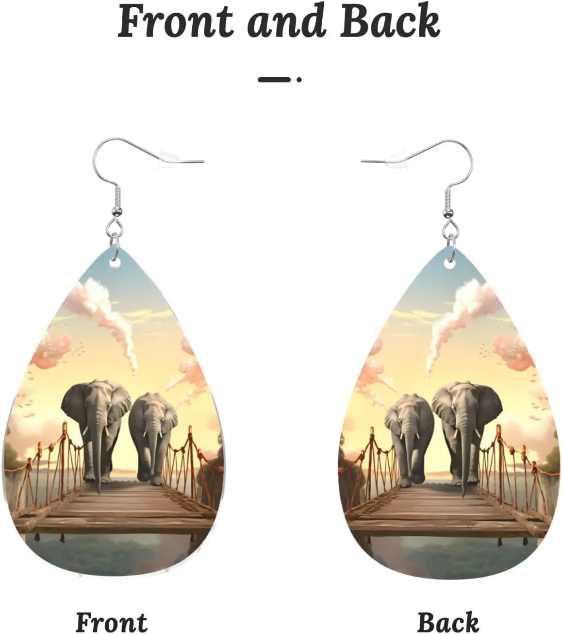 Stylish Drop-Shaped Acrylic Earrings Lightweight Printed Teardrop Dangle Earrings for Women (Elephant on a bridge)