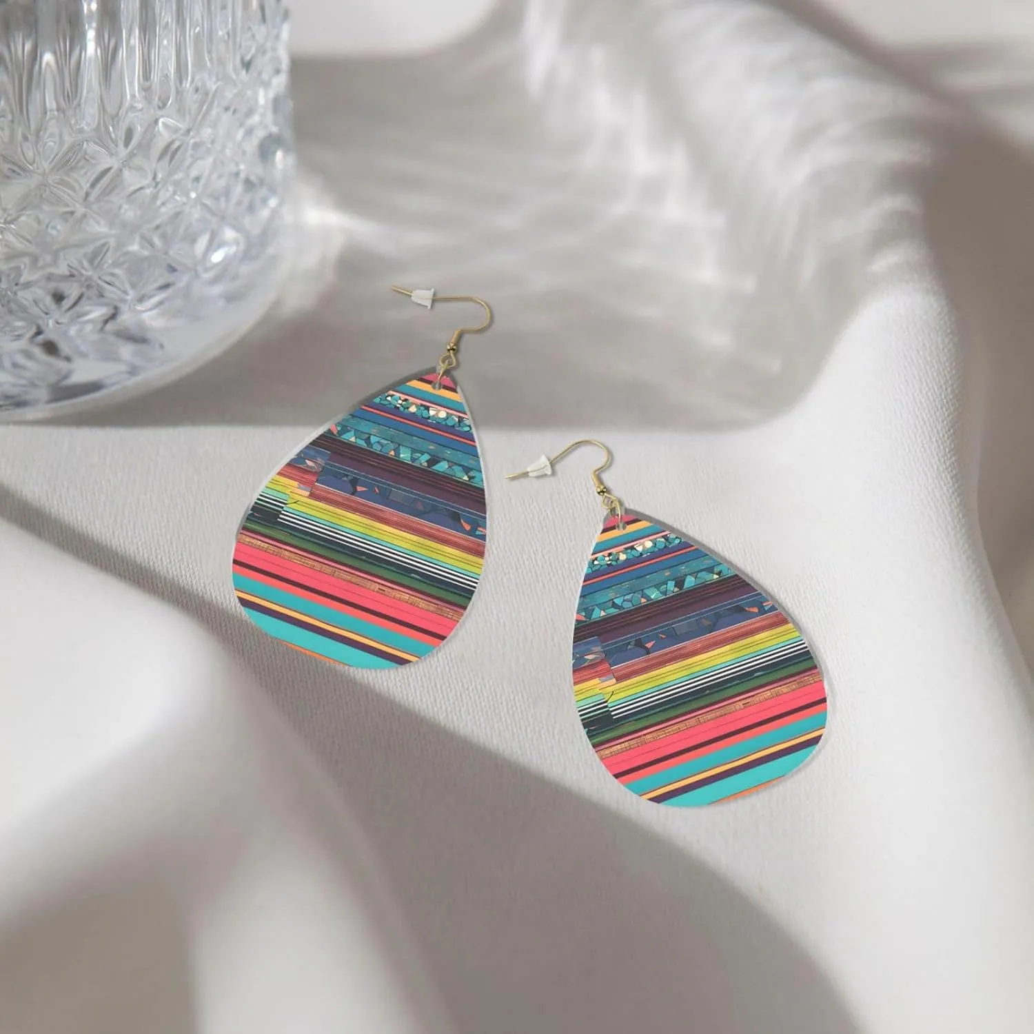 Stylish Drop-Shaped Acrylic Earrings Lightweight Printed Teardrop Dangle Earrings for Women (Ethnic Geometric Pattern)