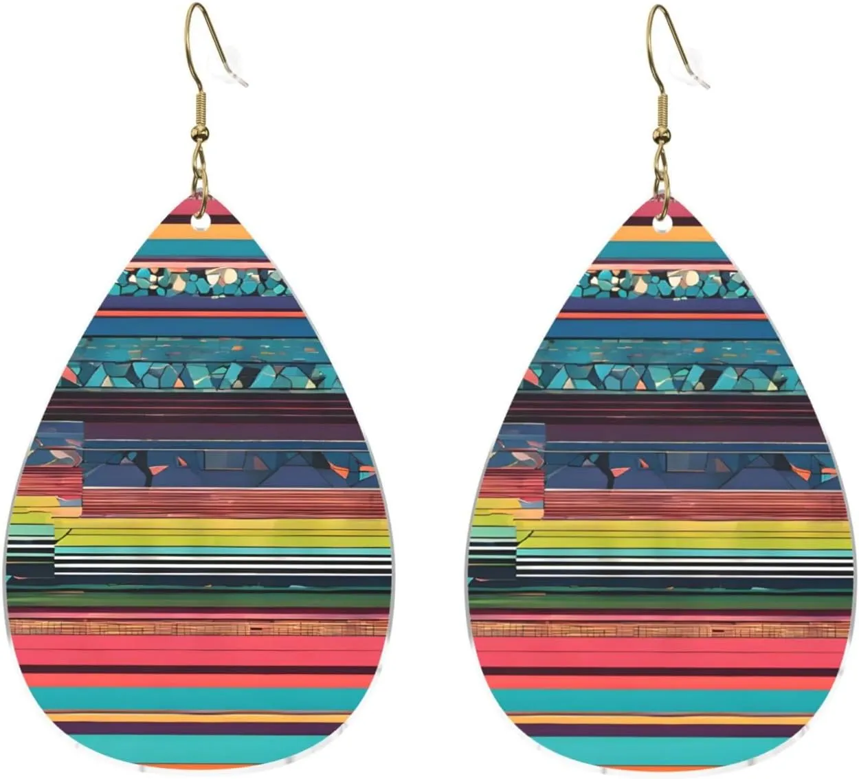 Stylish Drop-Shaped Acrylic Earrings Lightweight Printed Teardrop Dangle Earrings for Women (Ethnic Geometric Pattern)