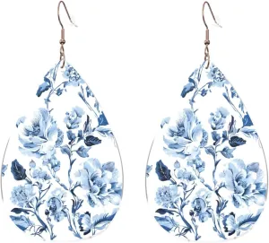 Stylish Drop-Shaped Acrylic Earrings Lightweight Printed Teardrop Dangle Earrings for Women (Flower Herbs Herbaceous Plants Print)