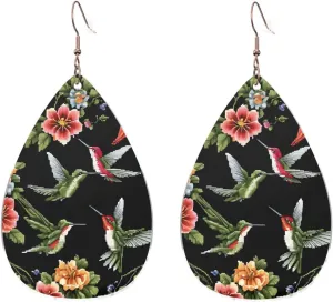 Stylish Drop-Shaped Acrylic Earrings Lightweight Printed Teardrop Dangle Earrings for Women (Flower Hummingbird Embroidery)