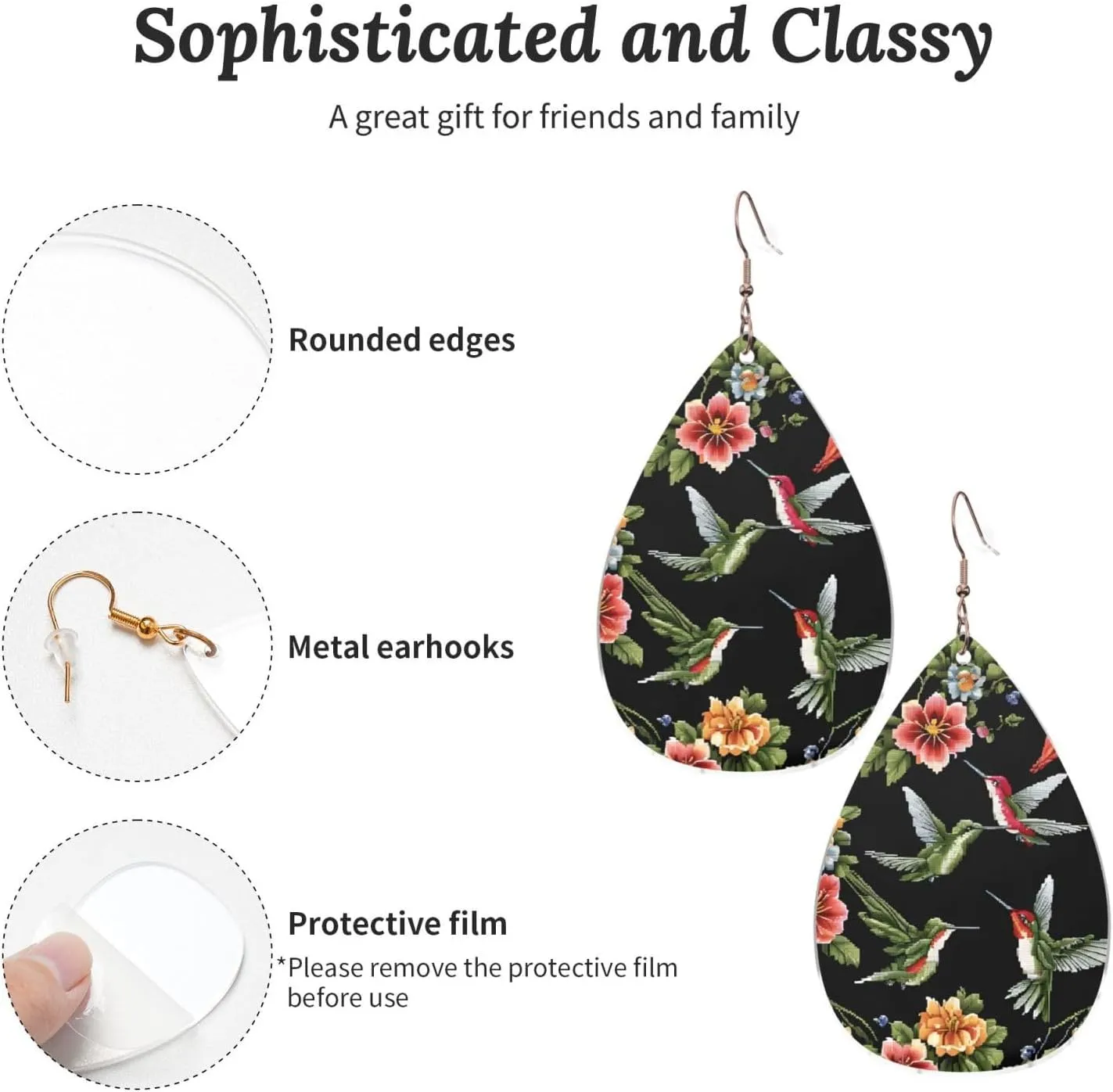 Stylish Drop-Shaped Acrylic Earrings Lightweight Printed Teardrop Dangle Earrings for Women (Flower Hummingbird Embroidery)