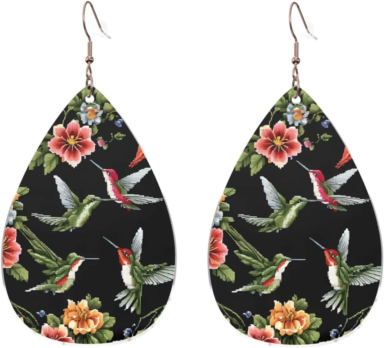 Stylish Drop-Shaped Acrylic Earrings Lightweight Printed Teardrop Dangle Earrings for Women (Flower Hummingbird Embroidery)