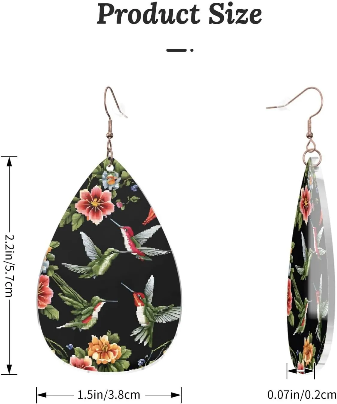 Stylish Drop-Shaped Acrylic Earrings Lightweight Printed Teardrop Dangle Earrings for Women (Flower Hummingbird Embroidery)
