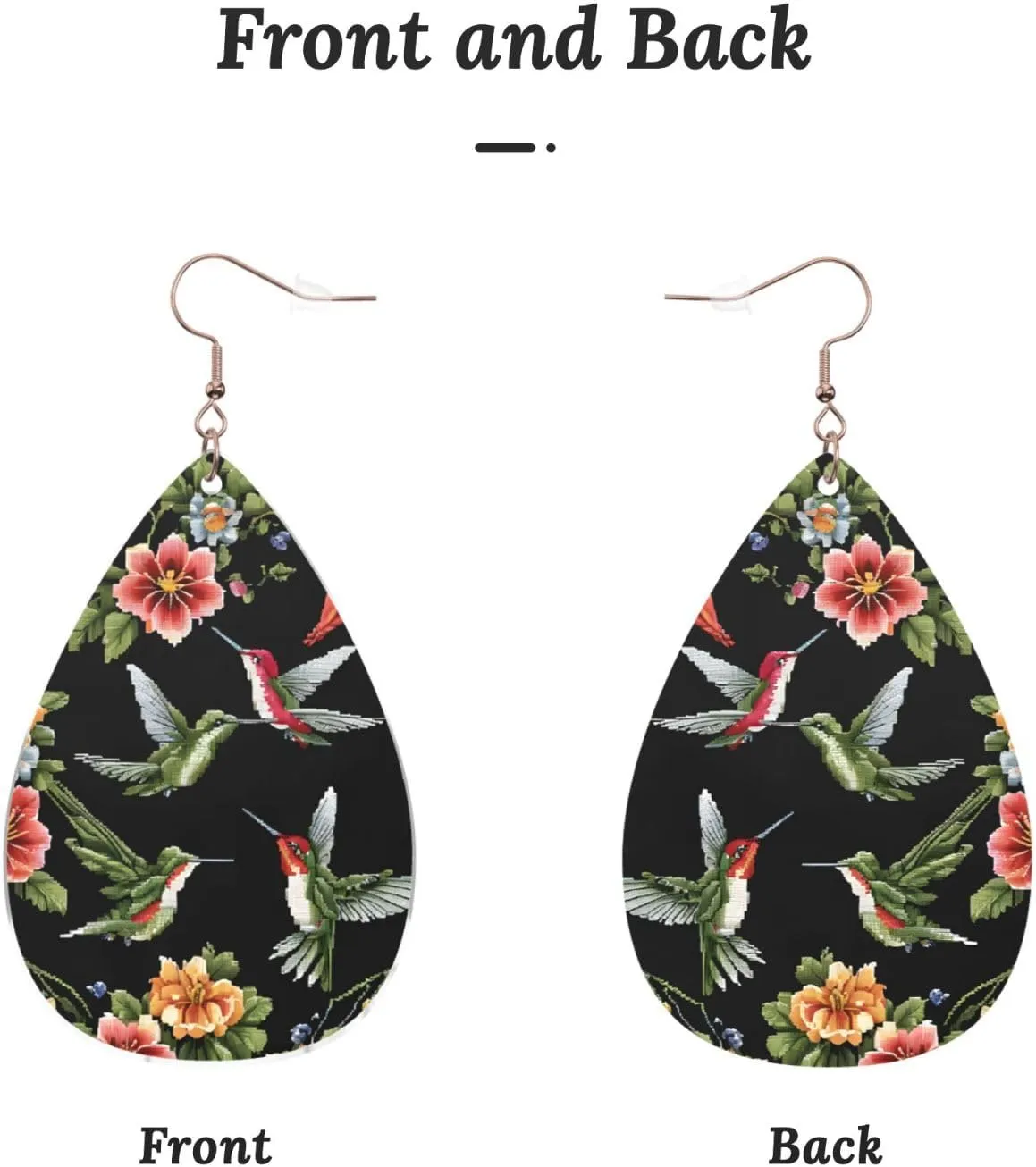 Stylish Drop-Shaped Acrylic Earrings Lightweight Printed Teardrop Dangle Earrings for Women (Flower Hummingbird Embroidery)