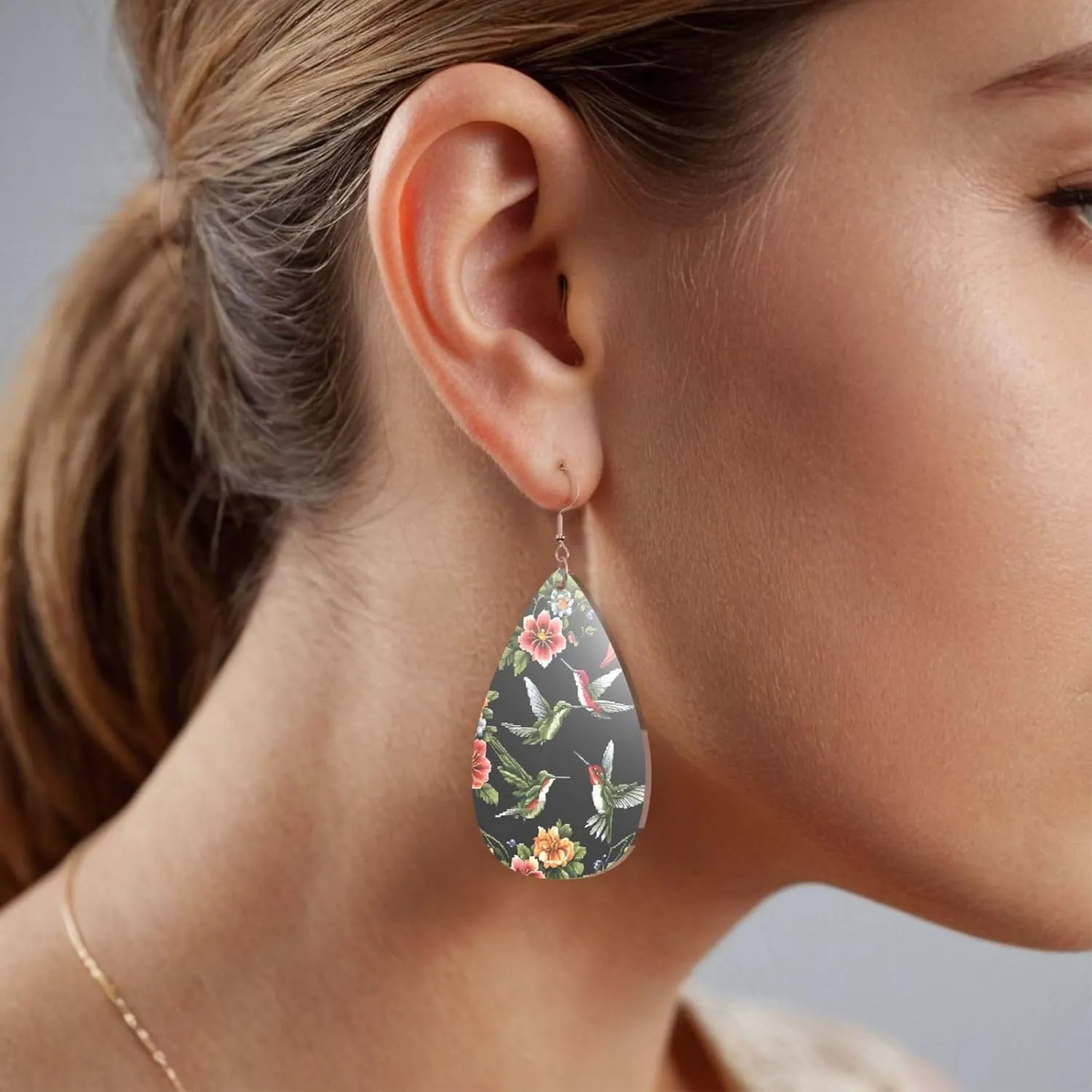 Stylish Drop-Shaped Acrylic Earrings Lightweight Printed Teardrop Dangle Earrings for Women (Flower Hummingbird Embroidery)