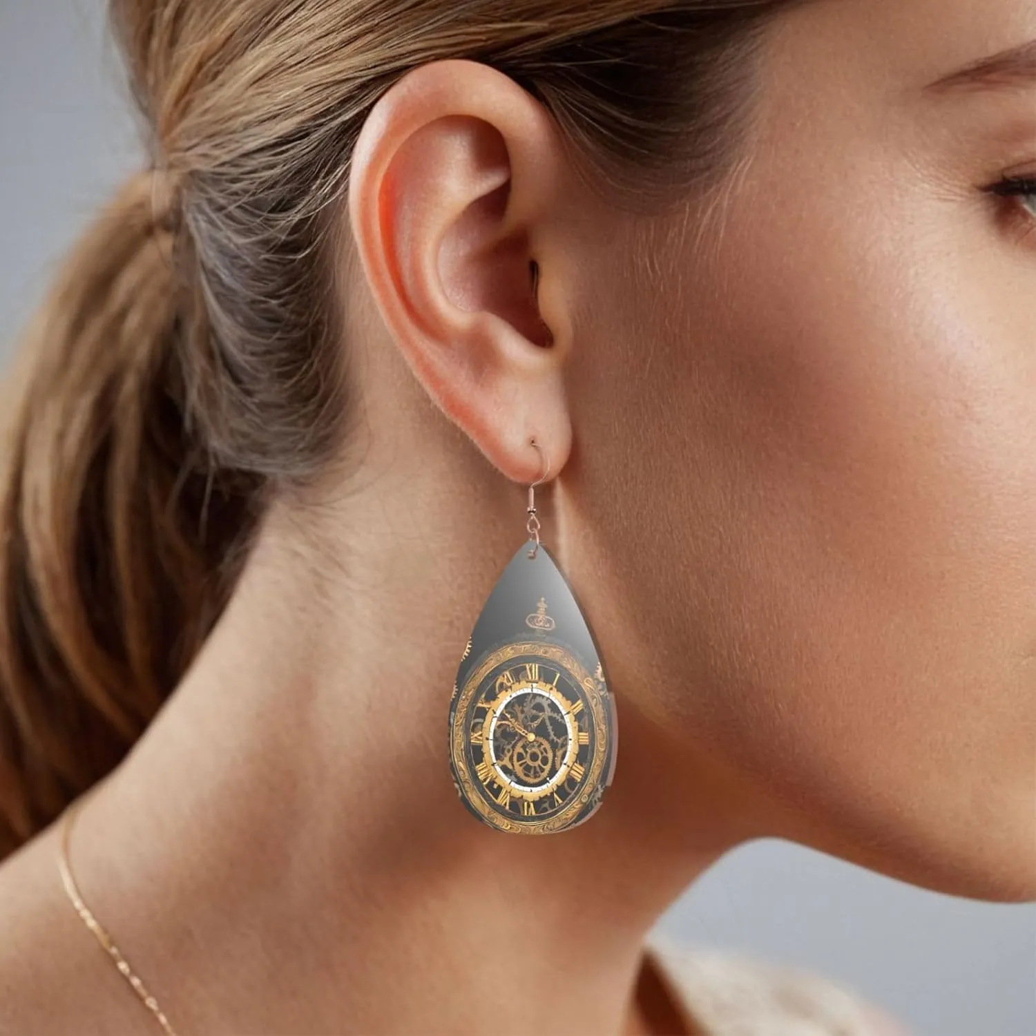 Stylish Drop-Shaped Acrylic Earrings Lightweight Printed Teardrop Dangle Earrings for Women (Gears Clock Bronze Century Print)