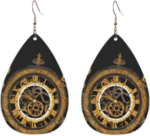 Stylish Drop-Shaped Acrylic Earrings Lightweight Printed Teardrop Dangle Earrings for Women (Gears Clock Bronze Century Print)
