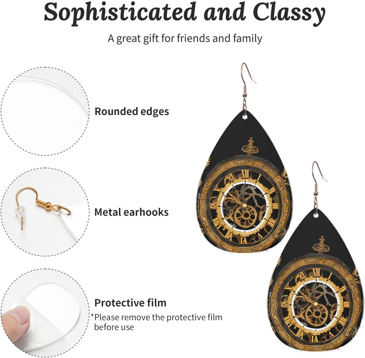 Stylish Drop-Shaped Acrylic Earrings Lightweight Printed Teardrop Dangle Earrings for Women (Gears Clock Bronze Century Print)